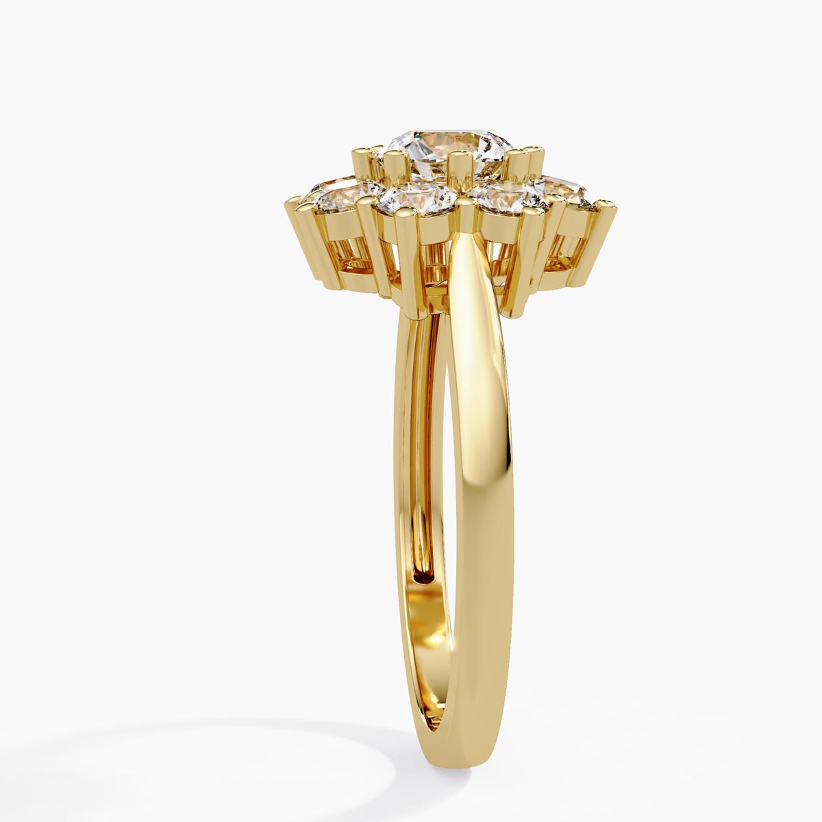 14K yellow gold floral halo engagement ring with a raised round brilliant center, surrounding lab grown diamonds and an open prong setting above the polished band.