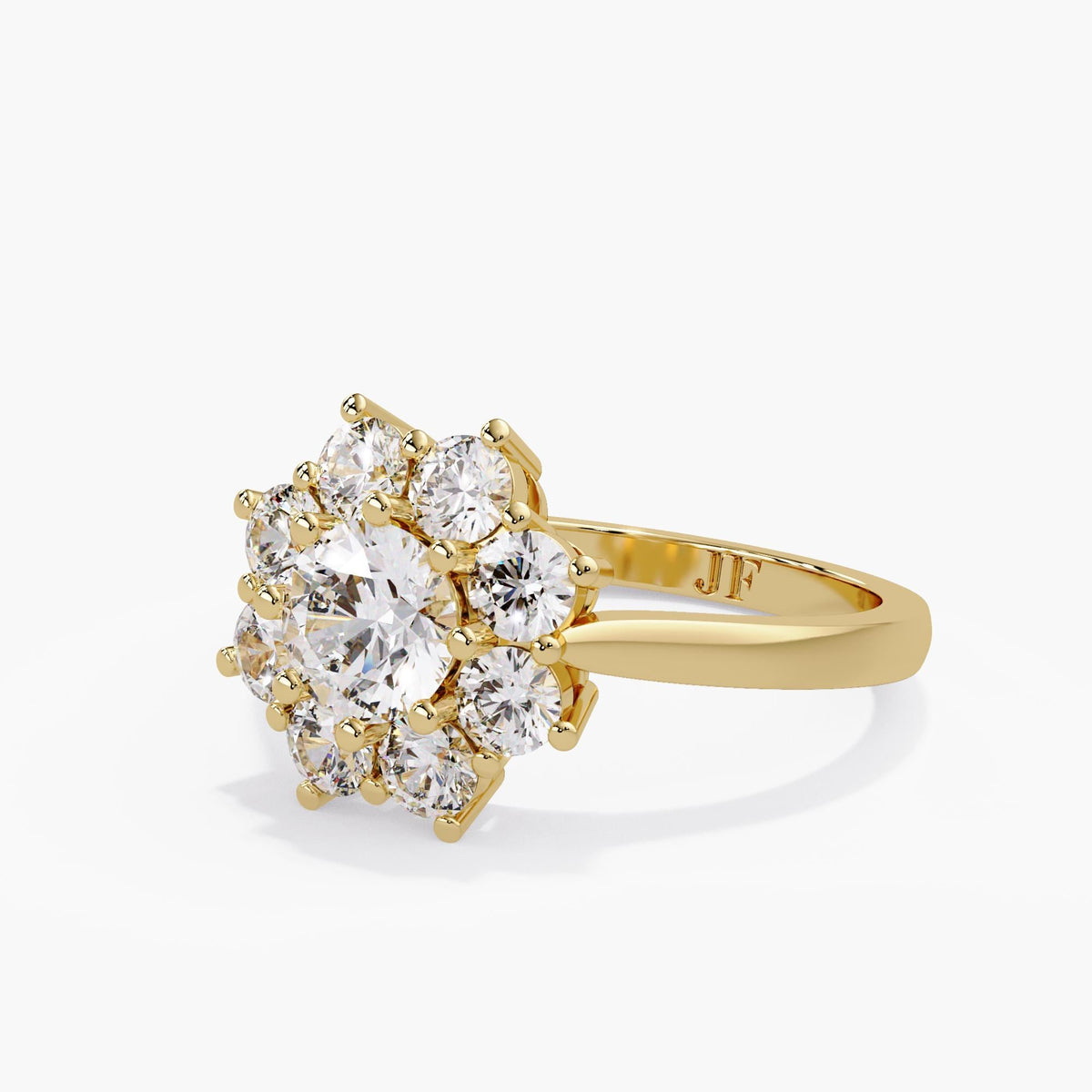 Sunflower diamond cluster ring in 14K yellow gold, featuring round diamonds, polished gold prongs and a smooth band with the Jewel Frost JF mark inside.