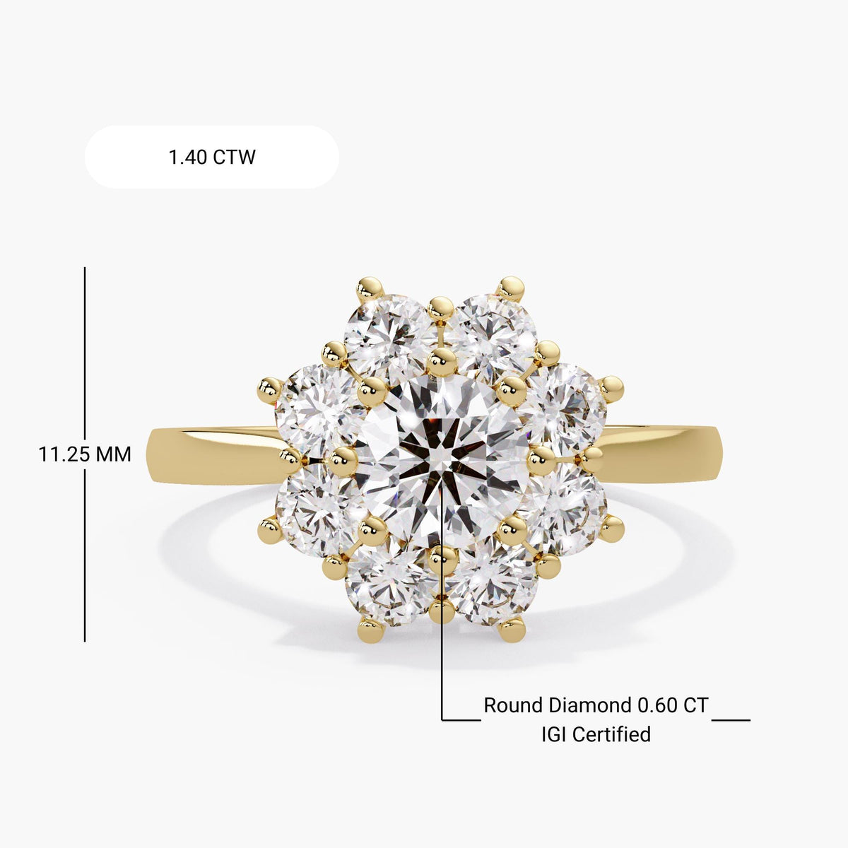 1.40 CTW lab grown diamond halo ring in 14K yellow gold, labeled with an IGI-certified 0.60 CT round center diamond and an 11.25 mm floral top.
