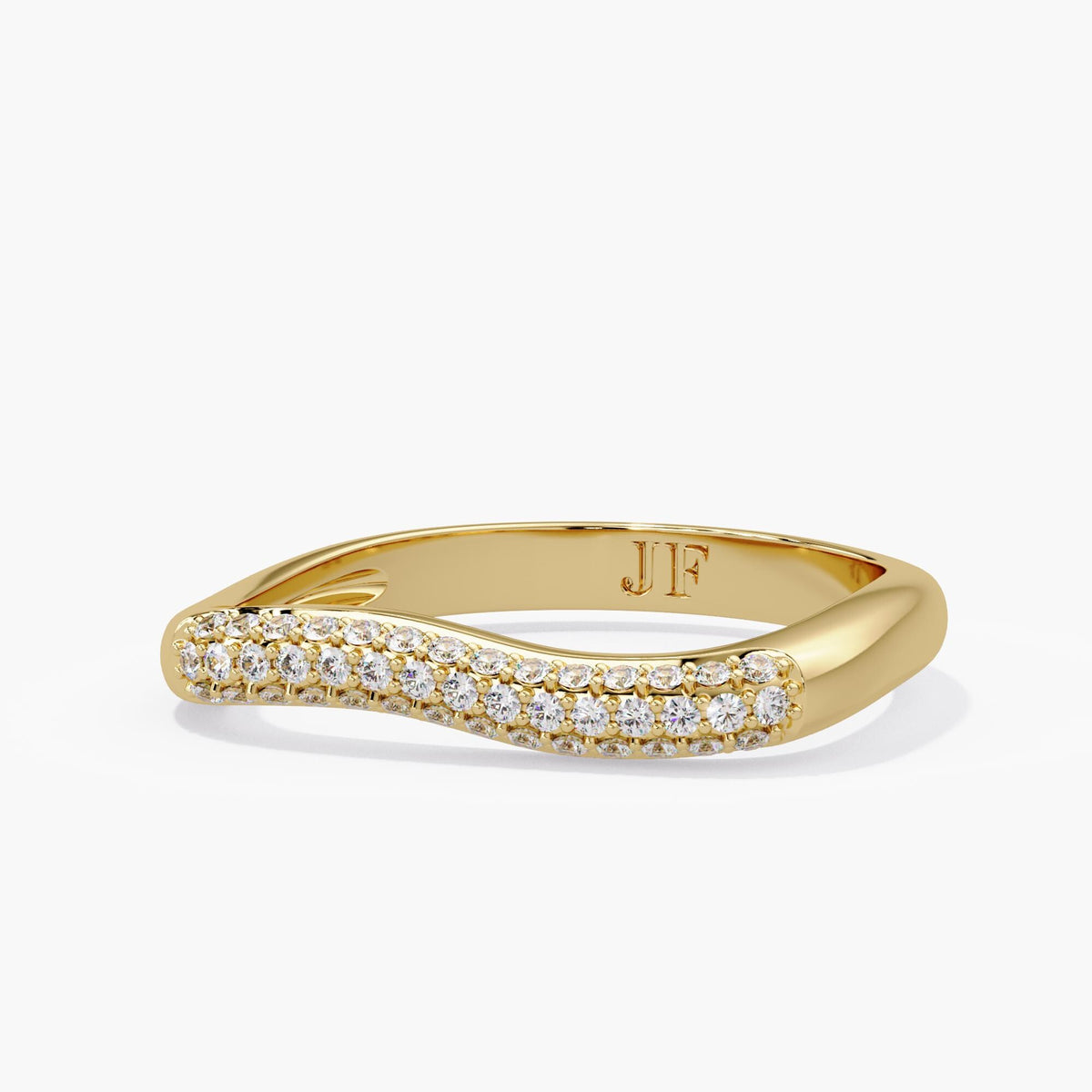 14K yellow gold natural diamond band standing upright, showing its diamond-set top, smooth inner surface and plain polished gold around the sides and back.