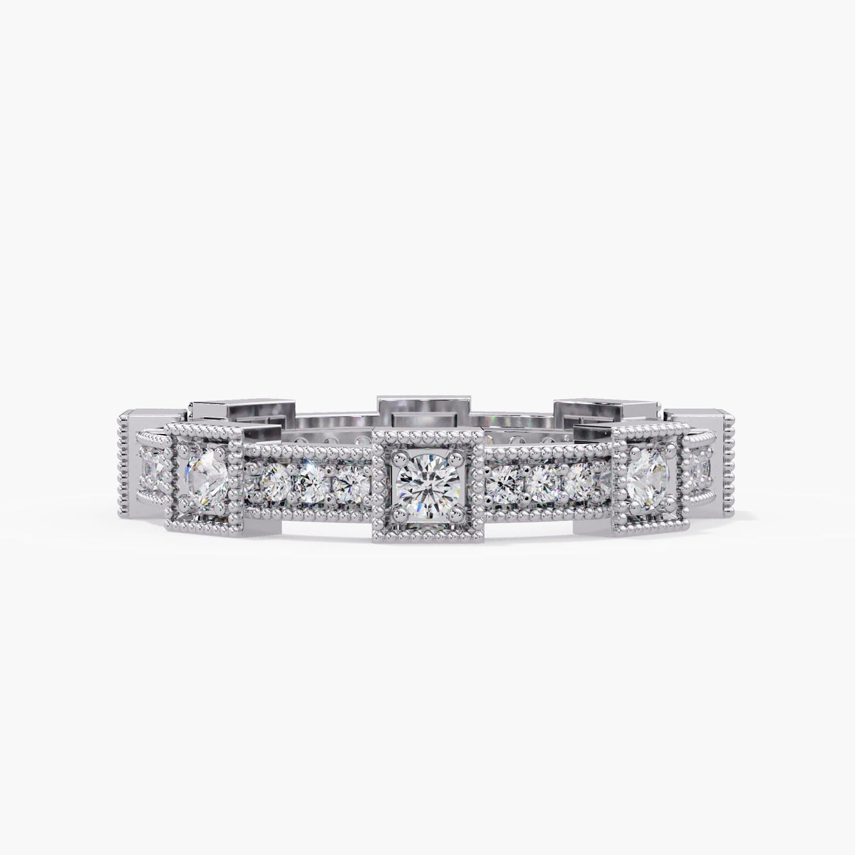 Lab grown diamond anniversary band in 14K white gold, with round brilliant diamonds alternating between square frames and rectangular pavé sections edged in milgrain.