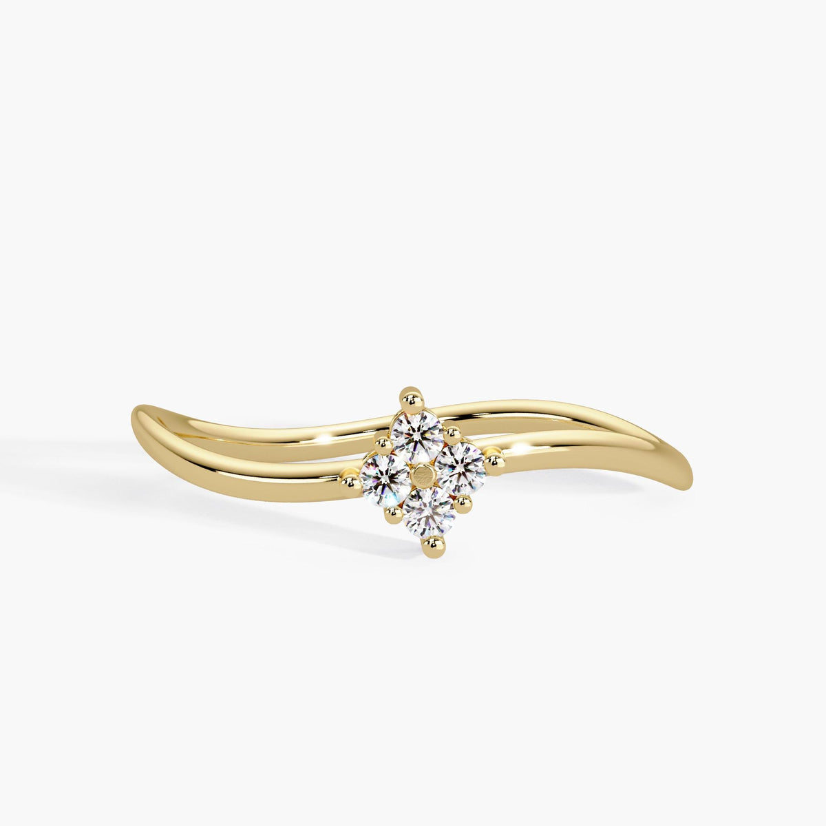 14K yellow gold curved wave ring with four round diamonds set in a floral cluster