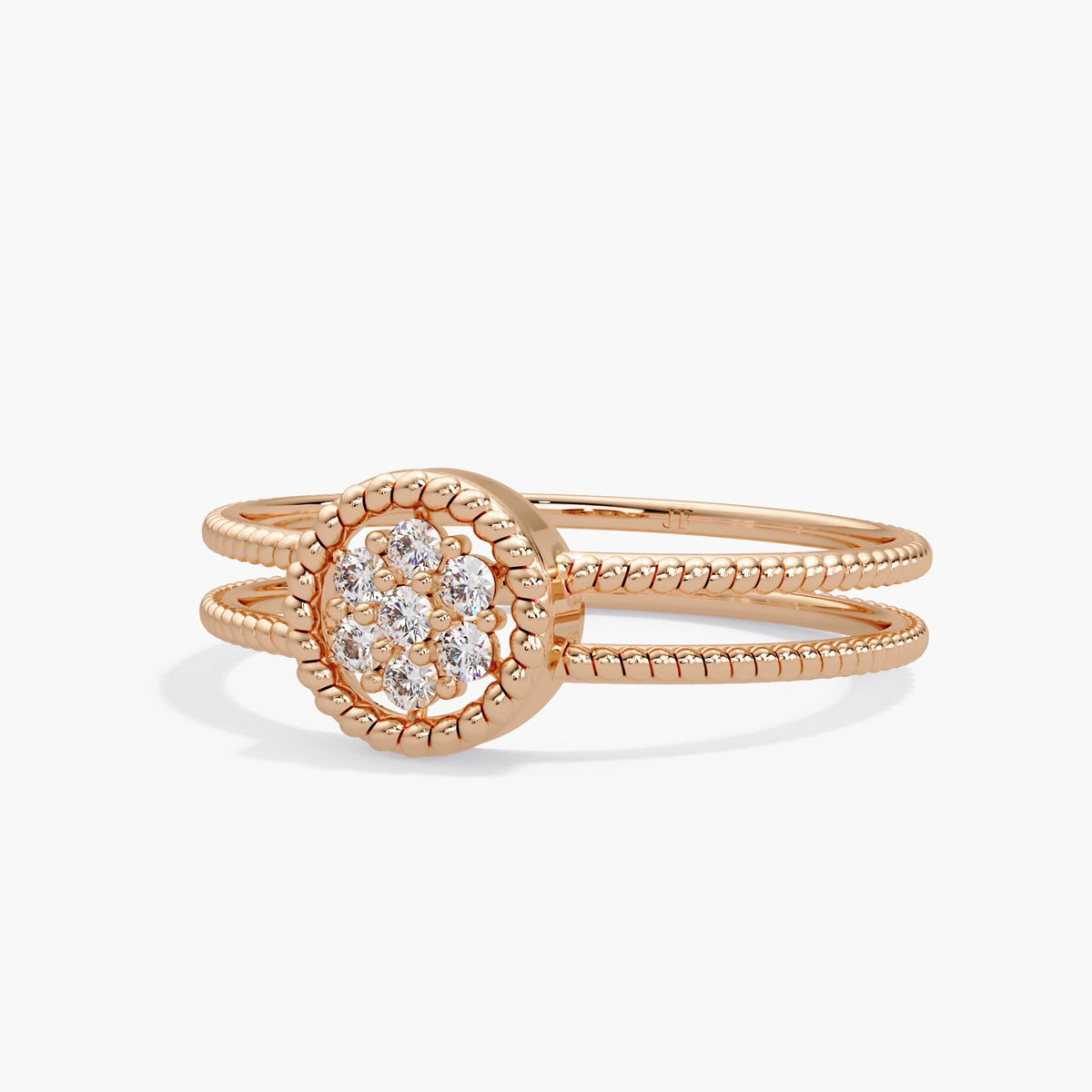 14K rose gold diamond halo ring on a split double beaded band