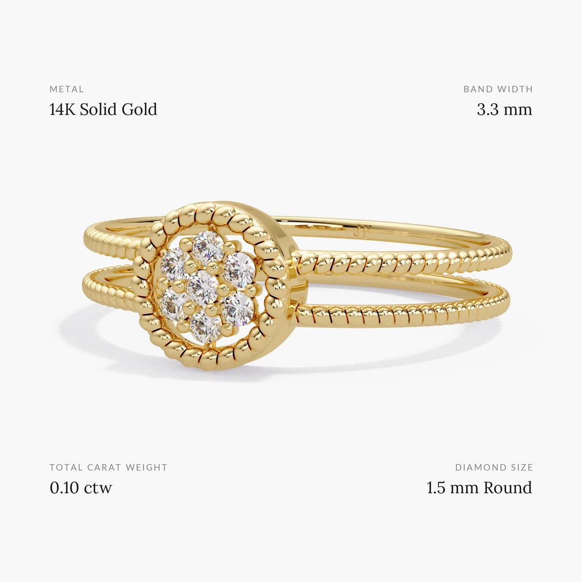 14K yellow gold diamond halo ring on a split double beaded band