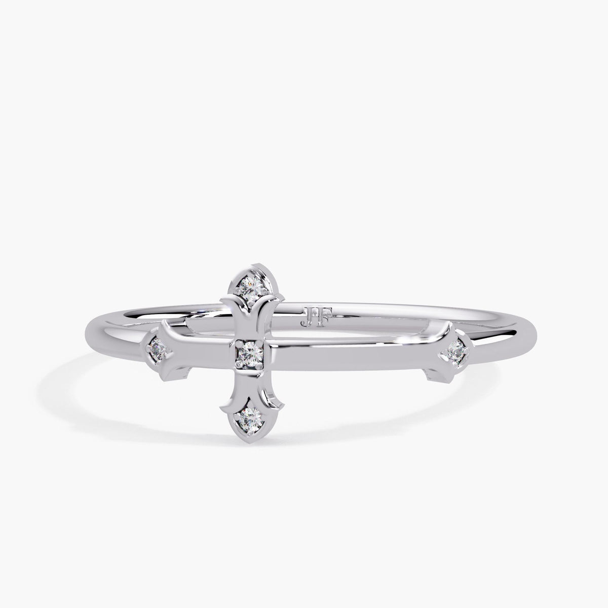 Dainty 14K white gold diamond cross ring with five round diamonds