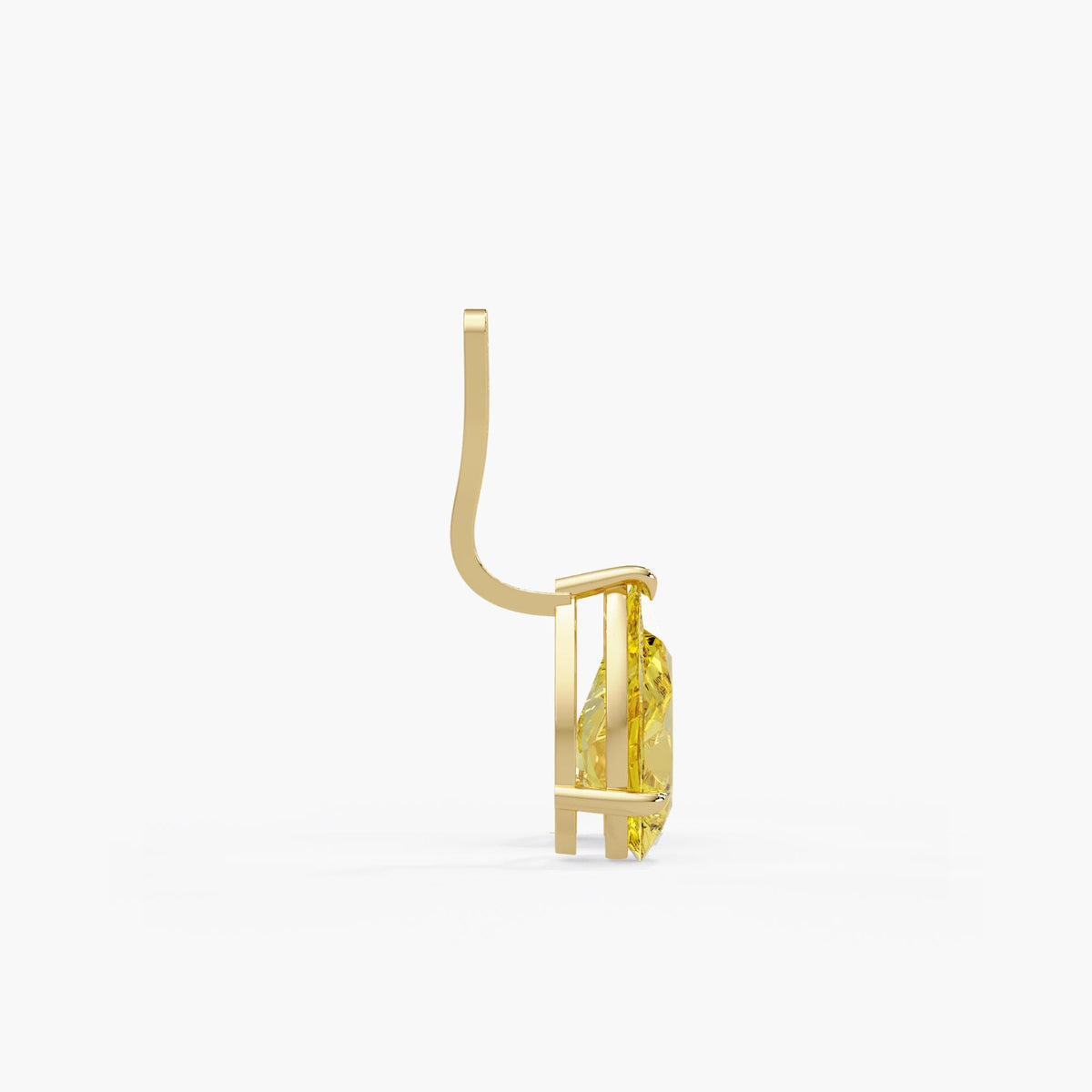 Pear cut lab created diamond earring jacket in 14K yellow gold, showing the open prong basket and curved attachment behind the yellow diamond.