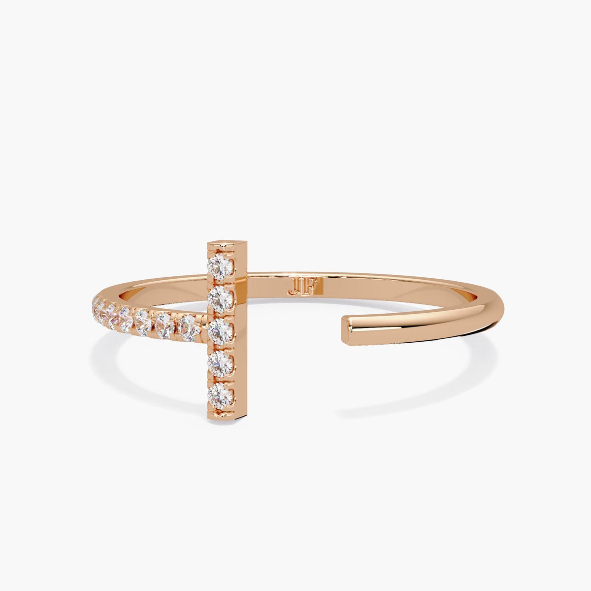 14K rose gold diamond bar ring with thirteen round diamonds on an open cuff