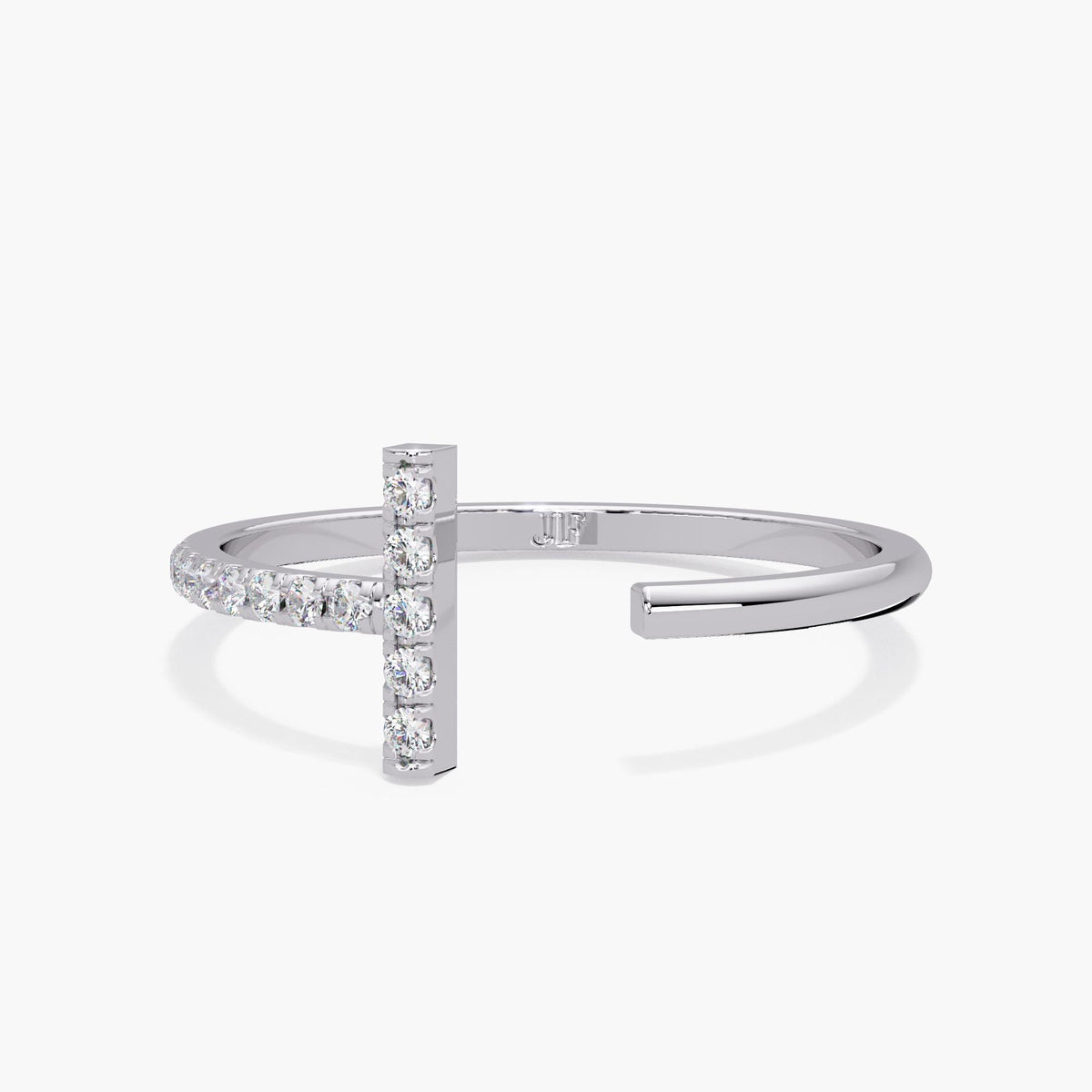 14K white gold diamond bar ring with thirteen round diamonds on an open cuff