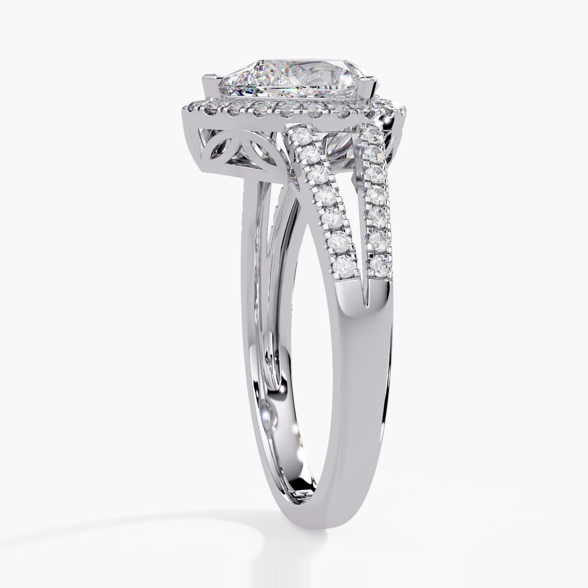 14K white Gold Pear Cut Lab Diamond Engagement Ring: Vintage Style Split Shank Halo Bridal Ring