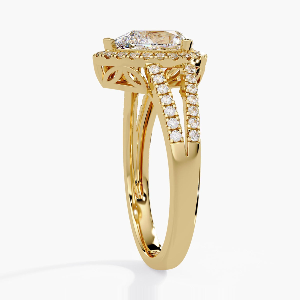 14K yellow Gold Pear Cut Lab Diamond Engagement Ring: Vintage Style Split Shank Halo Bridal Ring