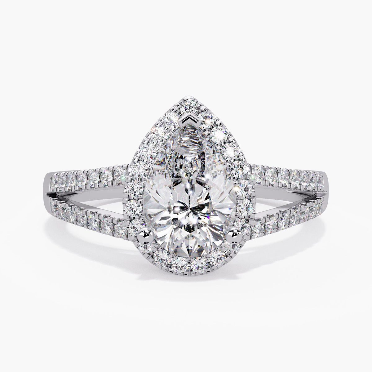 14K white Gold Pear Cut Lab Diamond Engagement Ring: Vintage Style Split Shank Halo Bridal Ring