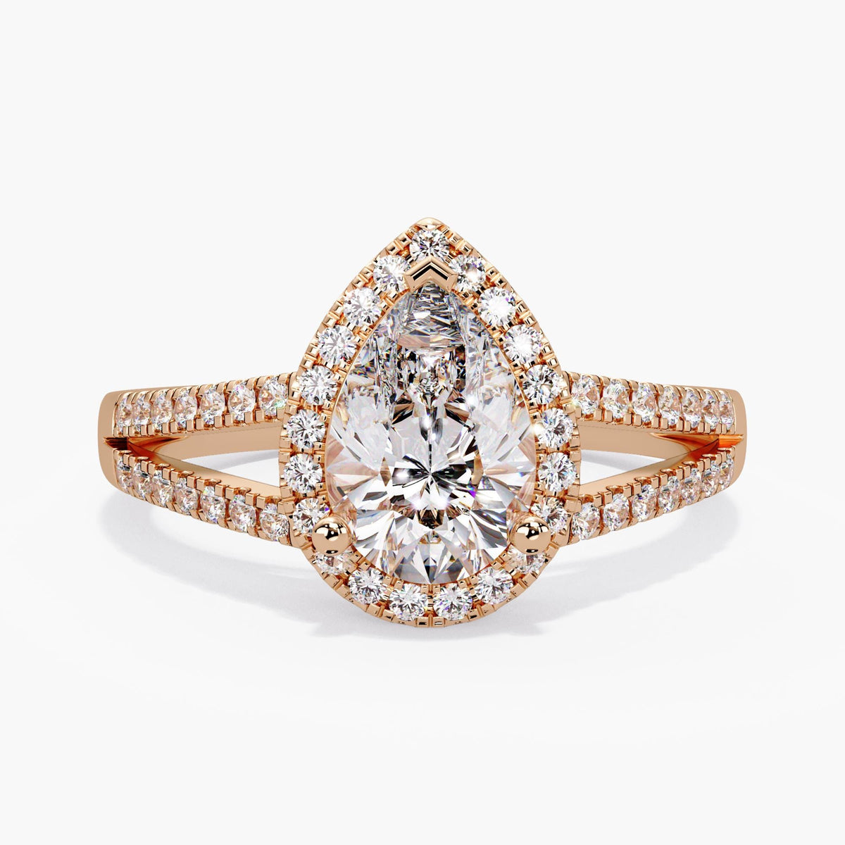 14K rose Gold Pear Cut Lab Diamond Engagement Ring: Vintage Style Split Shank Halo Bridal Ring