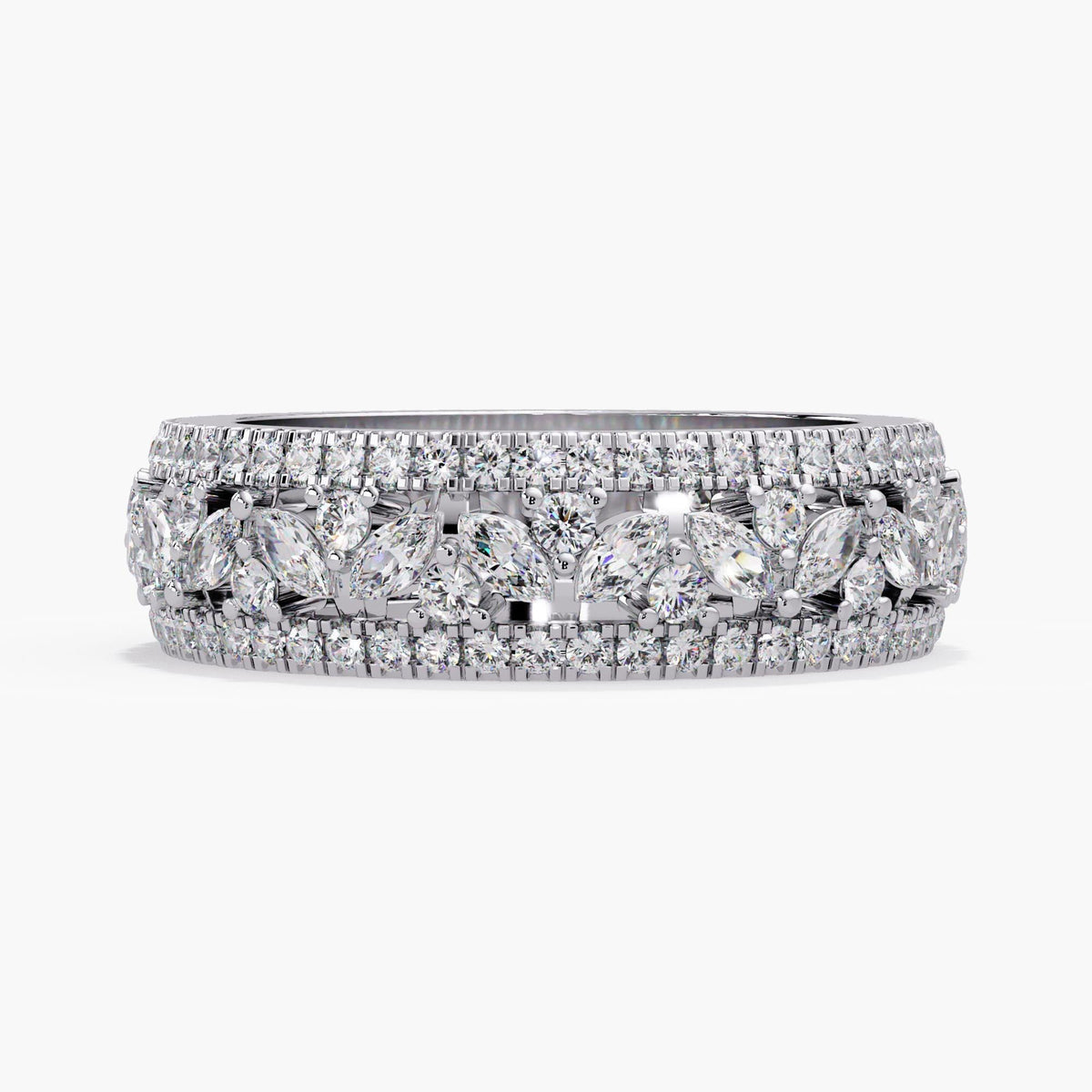 Marquise Diamond Band, Triple Row Diamond Ring, 14K Gold Wide Eternity Diamond Anniversary Band