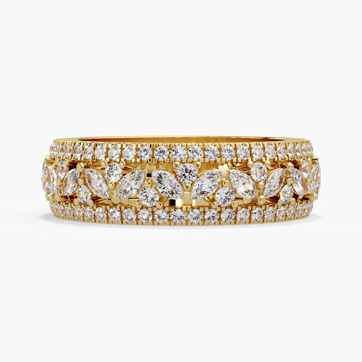 Marquise Diamond Band, Triple Row Diamond Ring, 14K Gold Wide Eternity Diamond Anniversary Band
