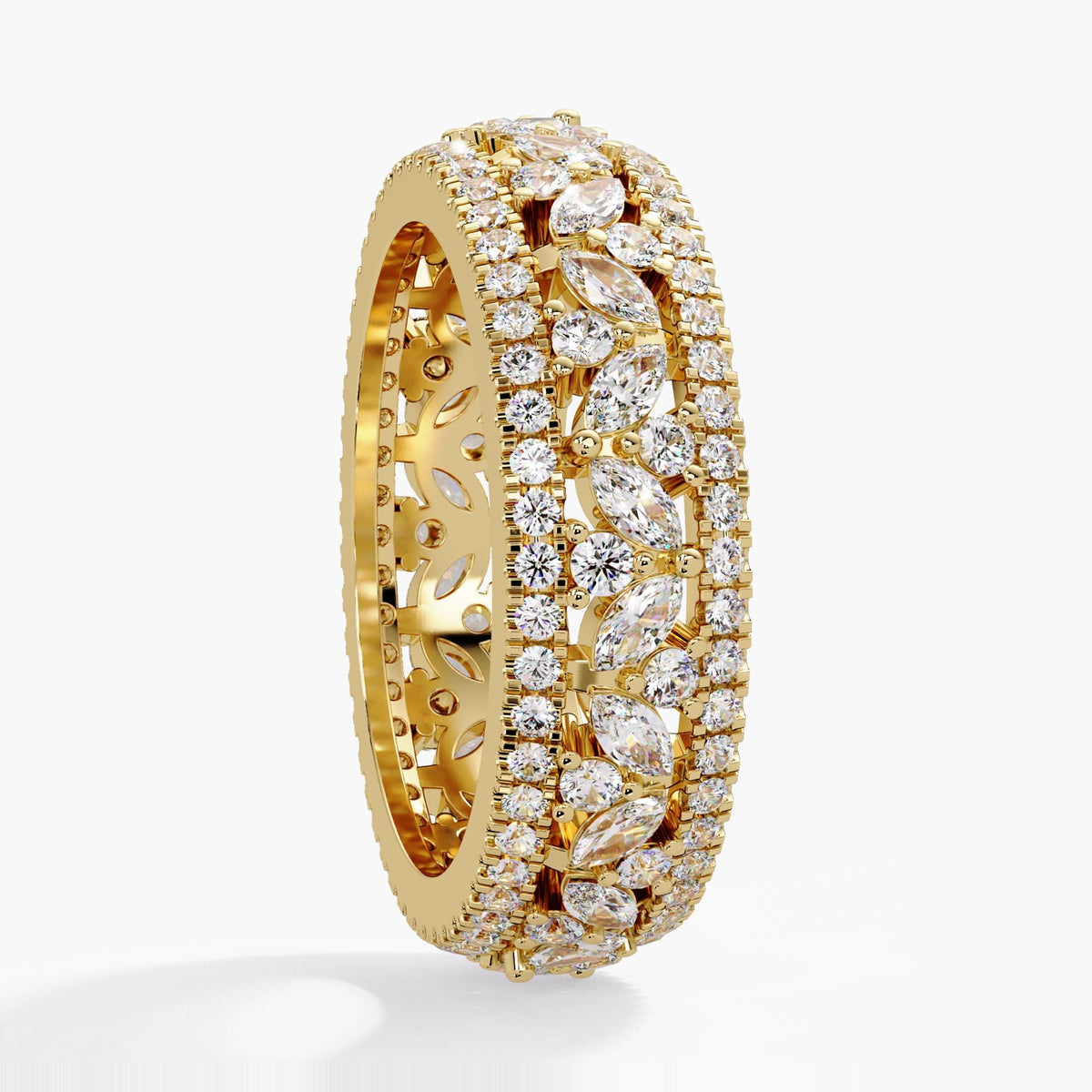 Marquise Diamond Band, Triple Row Diamond Ring, 14K Gold Wide Eternity Diamond Anniversary Band