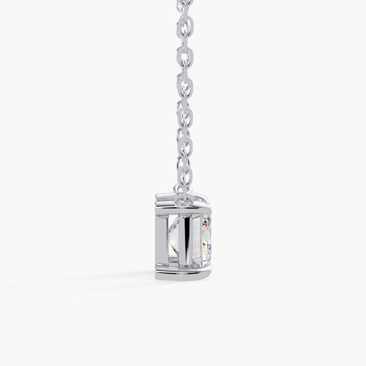 rectangular diamond pendant / 14K white gold necklace / emerald cut solitaire / open gallery setting / side detail