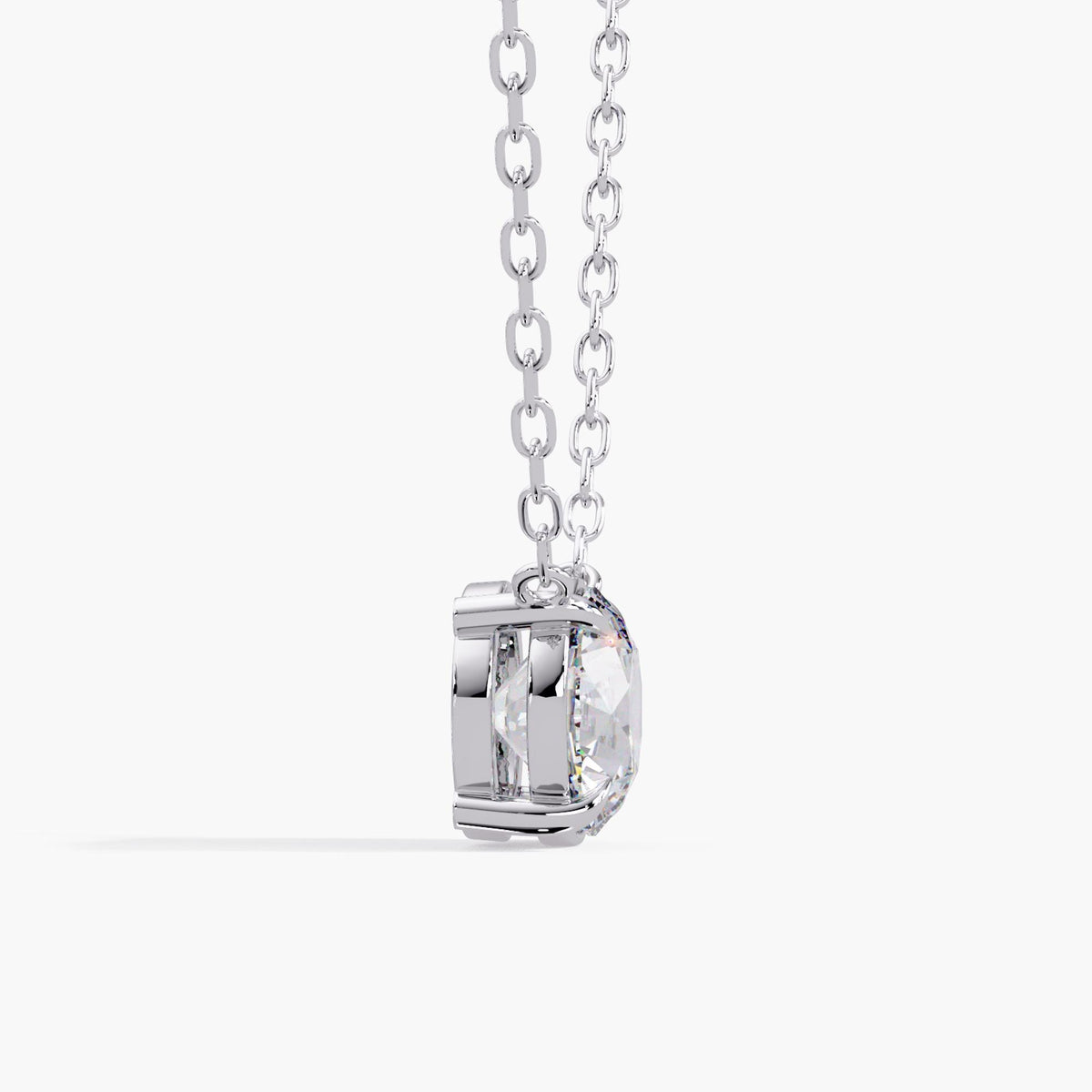 minimalist diamond necklace in 14K solid white gold, showing a round brilliant lab-created diamond, open basket setting and diamond cut cable chain.