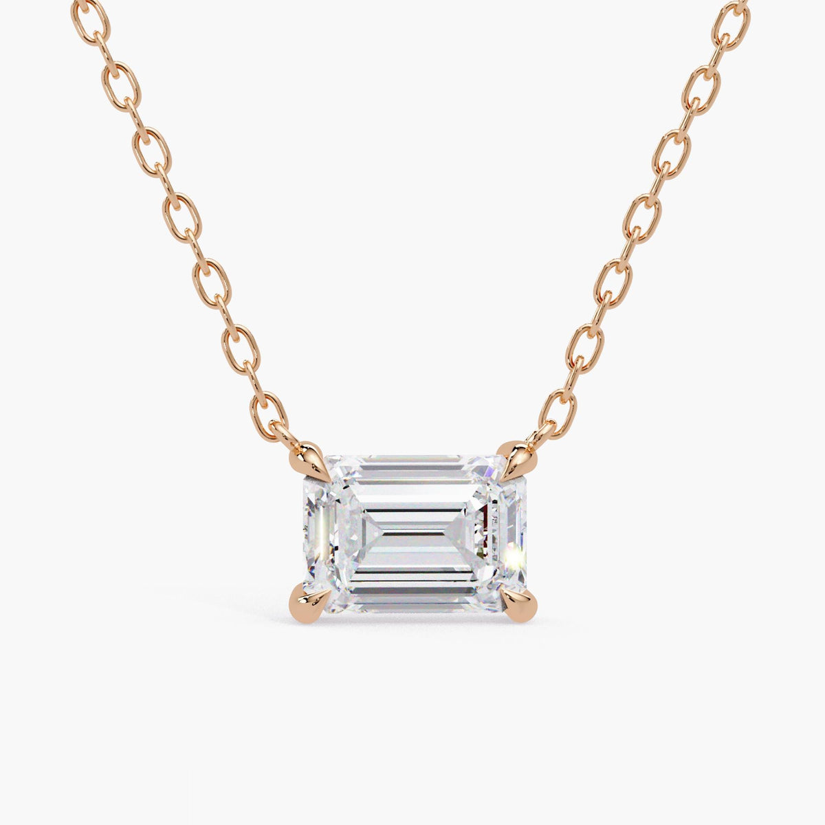 emerald cut necklace rose gold / diamond necklace for women / lab grown solitaire pendant / 14K solid gold / front view