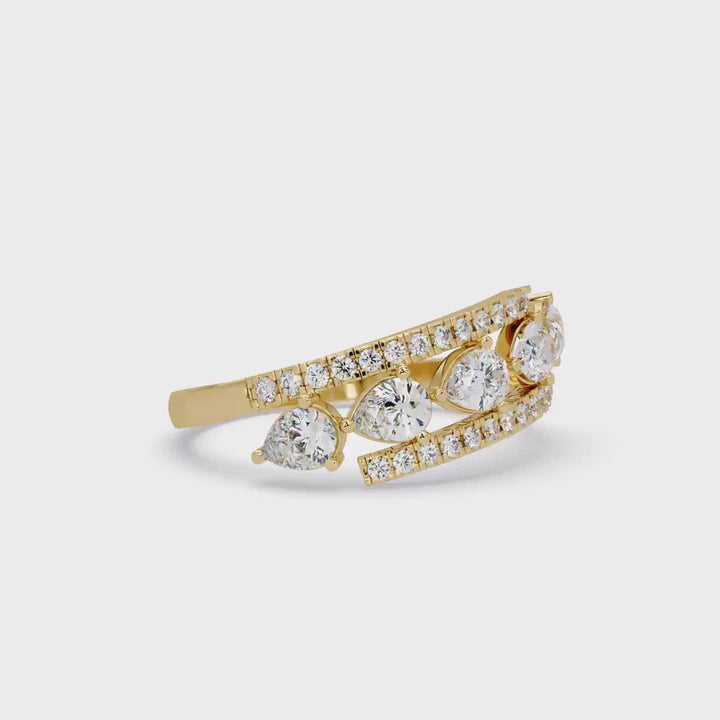 14K Gold Lab Grown Diamond Band | Pear and Round Diamond Ring | Multi Row Wedding Band | 0.80CT Bridal Anniversary Gift