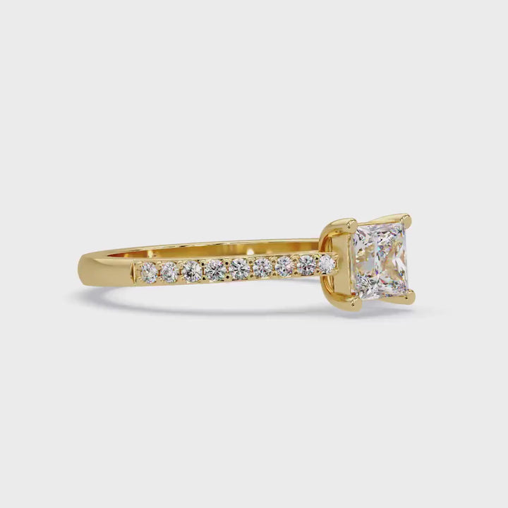 0.50 Ct Lab Grown Diamond Princess Cut Ring | 14K Gold Pave Solitaire Engagement Ring | Minimalist Bridal Jewelry