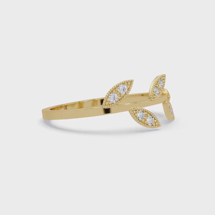 14K Gold Diamond Leaf Ring, Nature Inspired Wedding Band, Dainty Leaf Diamond Ring, Stackable Gold Ring