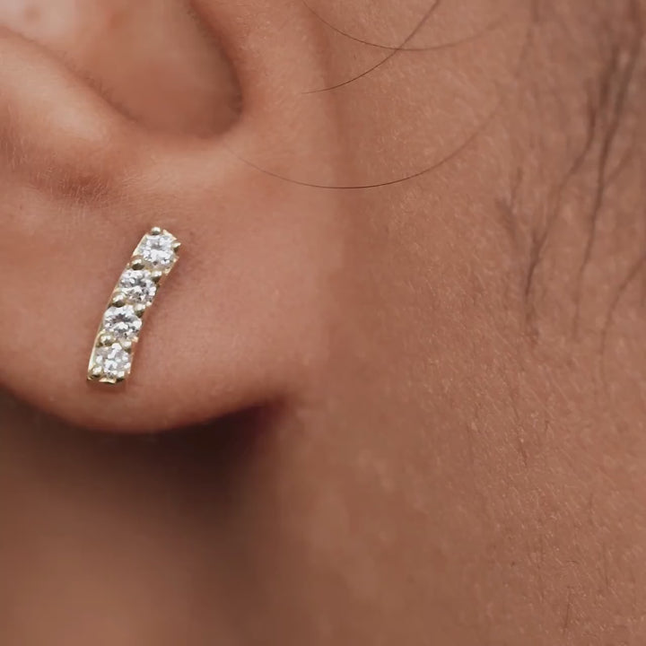 14K Gold Diamond Bar Earrings, 0.15 Ctw Pave Natural Diamond Studs, 7mm Stick Stud Earrings, Tiny Diamond Line Studs for Everyday
