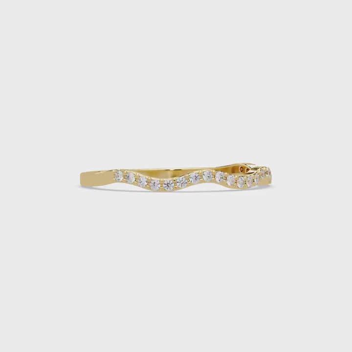 14K Gold Diamond Wave Ring, Dainty Pavé Stacking Band, Curved Half Eternity Ring