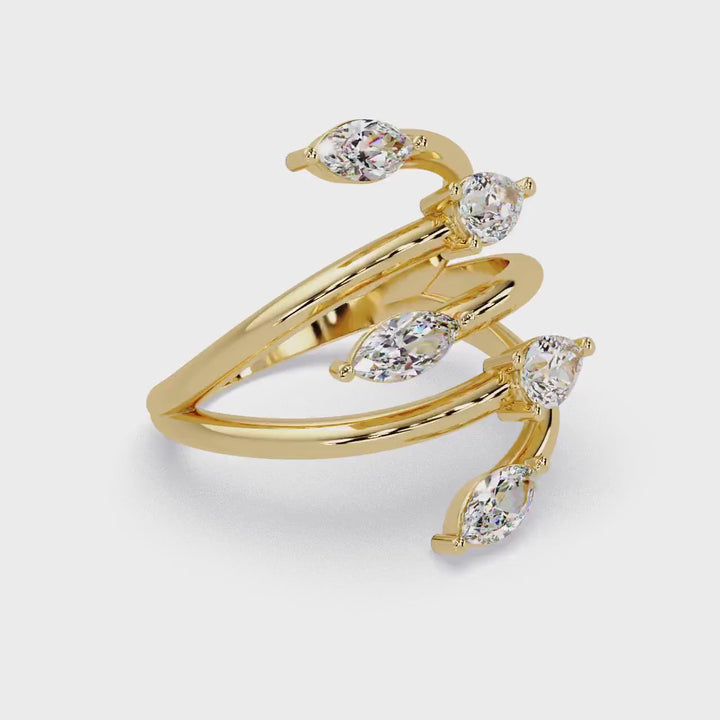 Five Stone Bypass Ring | 14K Gold Marquise & Pear Diamond Ring | Lab Grown Diamond Open Wrap Ring | Modern Gold Statement Ring for Her
