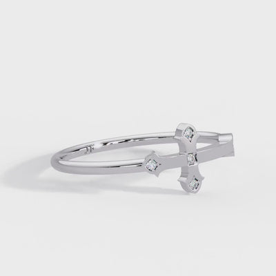 14K Gold Cross Ring, Natural Diamond Thin Stacking Ring, Dainty Gold Ring