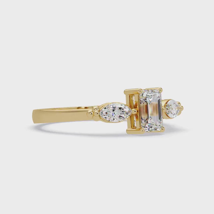 14K Gold Emerald Cut and Pear Diamond Ring | Lab Grown Three Stone Engagement Ring | 0.80CT Gold Diamond Promise Ring