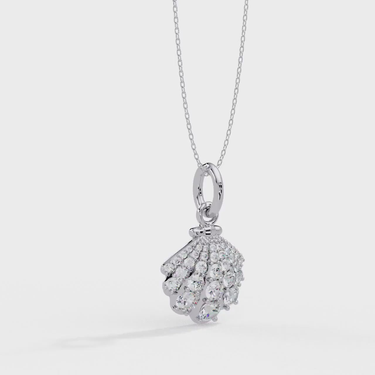 14K Gold Seashell Pendants, Lab Diamond Scallop Charm, 1CTW Diamond Shell Necklace