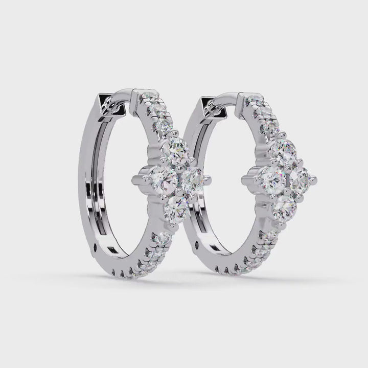 14K Gold Clover Diamond Huggie Hoops, 14MM Natural Diamond Huggies (0.50 Ctw)