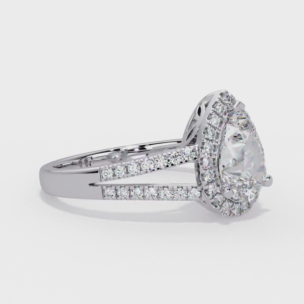 14K Gold Pear Cut Lab Diamond Engagement Ring: Vintage Style Split Shank Halo Bridal Ring