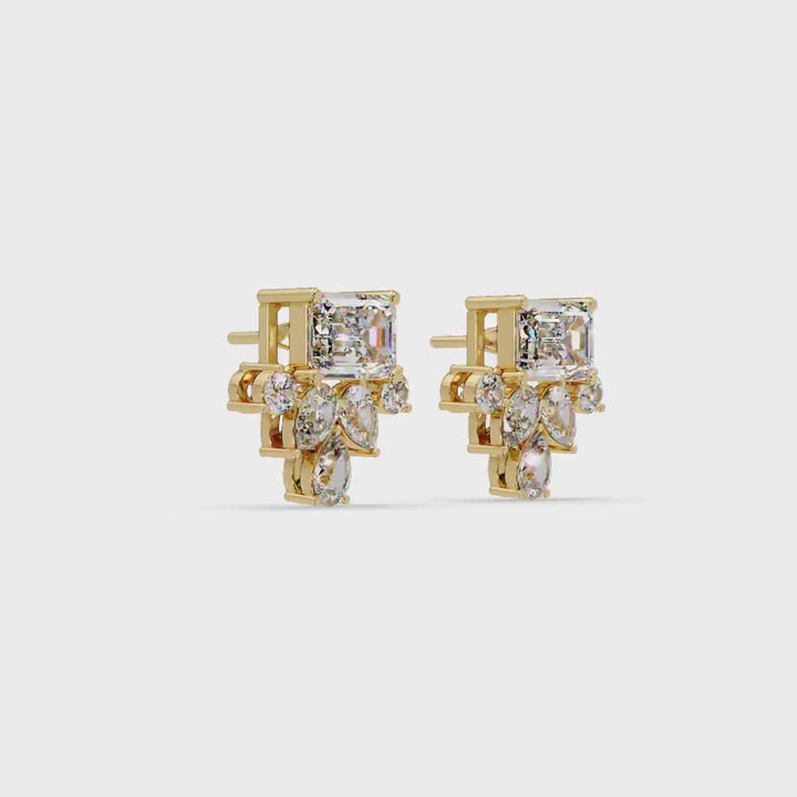 Emerald Cut Diamond Stud Earrings | 3Ct Lab Grown Cluster Earrings | 14K Yellow Gold Bridal Statement Studs