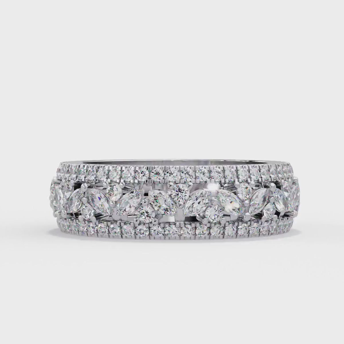 Marquise Diamond Band, Triple Row Diamond Ring, 14K Gold Wide Eternity Diamond Anniversary Band