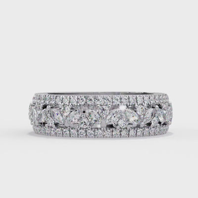 Marquise Diamond Band, Triple Row Diamond Ring, 14K Gold Wide Eternity Diamond Anniversary Band