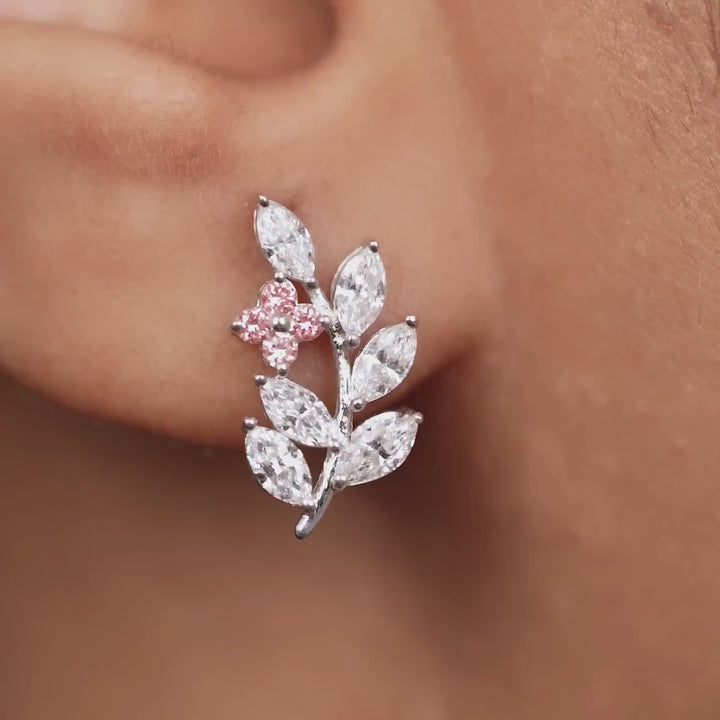 14K Gold Diamond Leaf Earrings, 0.70 Ct Marquise Leaf Wedding Studs, Diamond Vine Earrings with Pink Diamond Flower Studs