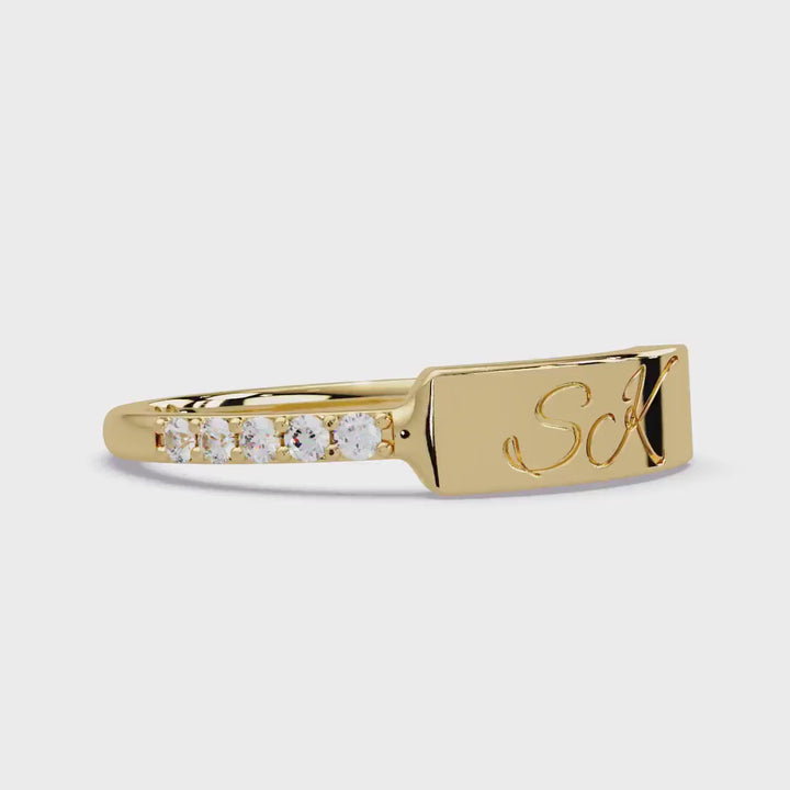 Personalised Diamond Bar Ring, Nameplate Ring, 14K Gold Initials Bar Ring, Family Ring