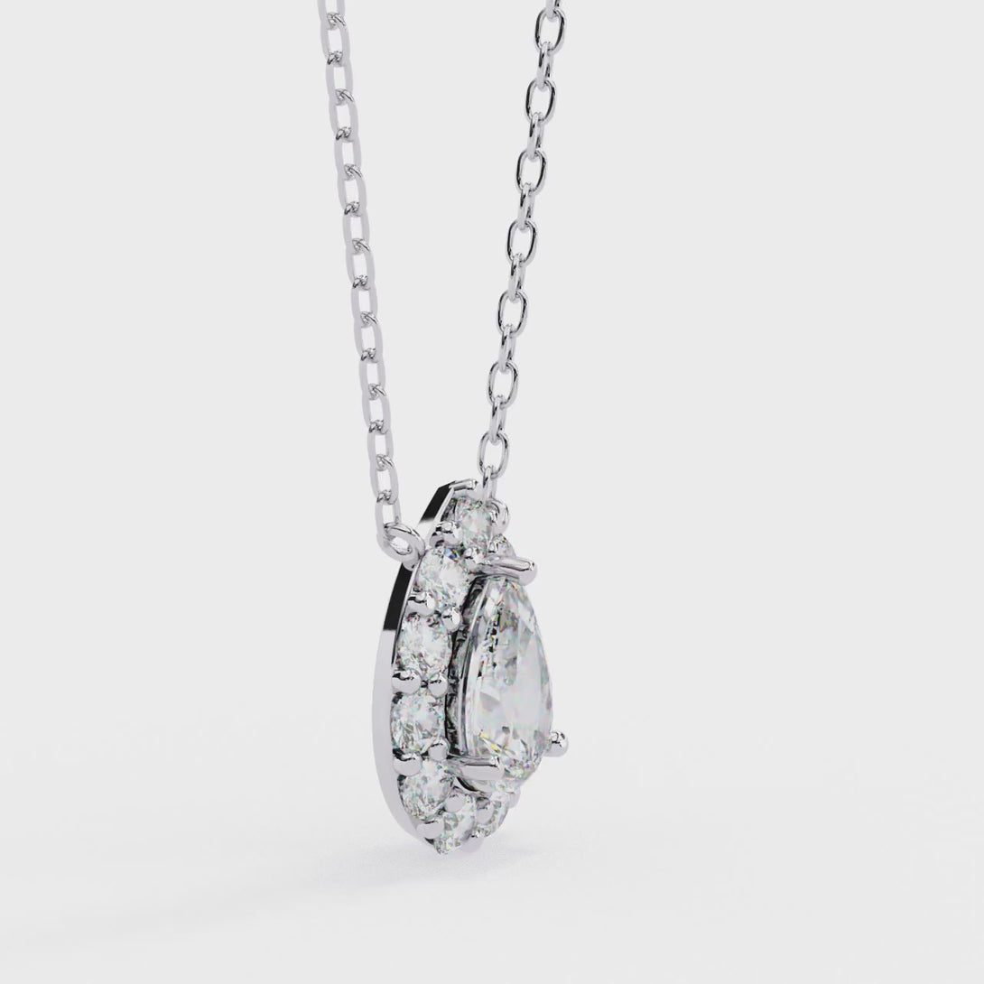 Pear-Shaped Natural Diamond Halo Pendant Necklace | 14K Gold