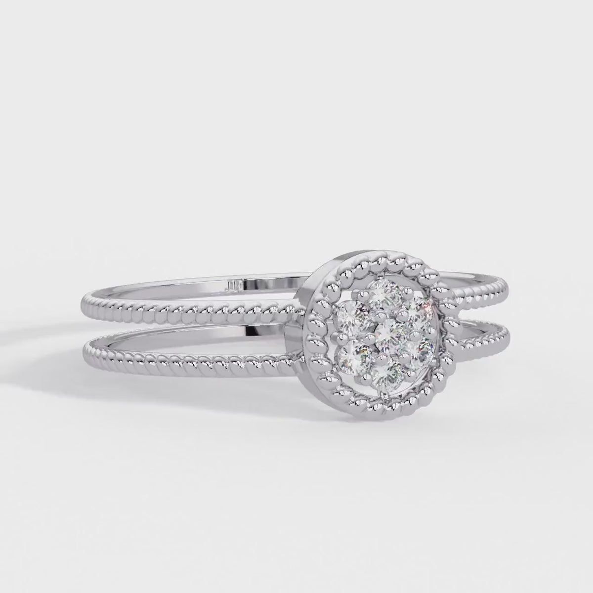 14K Solid Gold Natural Diamond Cluster Ring, Dainty Rope Bead Double Band, Diamond Stacking Ring
