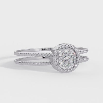 14K Solid Gold Natural Diamond Cluster Ring, Dainty Rope Bead Double Band, Diamond Stacking Ring