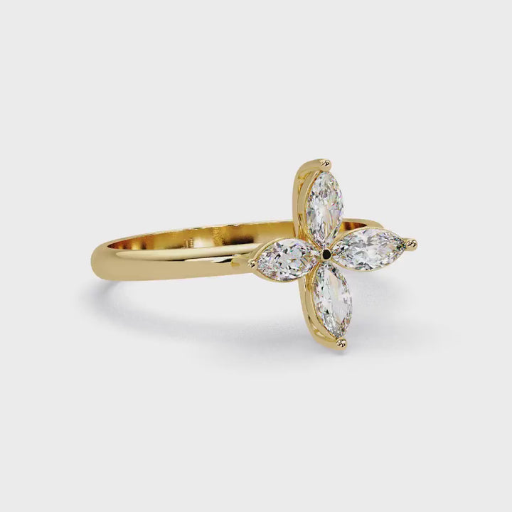 14K Gold Lab Diamond Clover Ring: Marquise Floral Engagement
