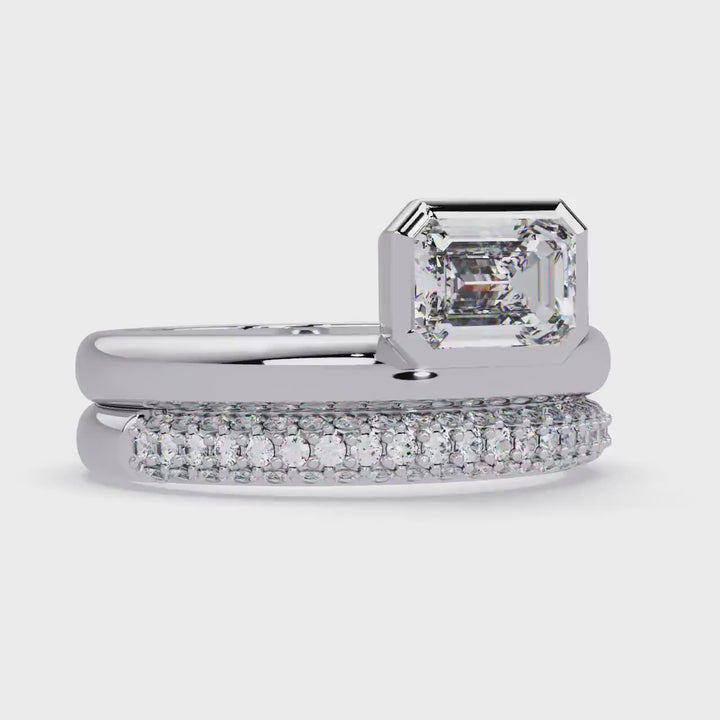 1CT Emerald Cut Bezel Ring, Offset Lab Diamond Ring, Double Band Engagement Ring Set